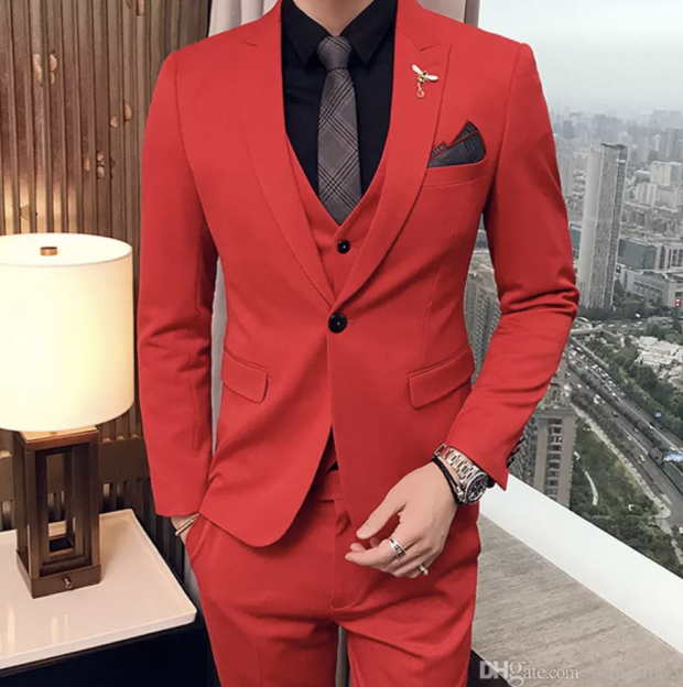 red suit with a mens black dress shirt