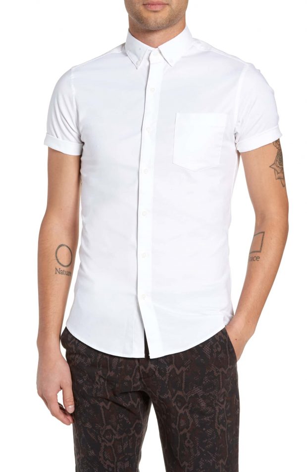 DSstyles Men Fashion Simple Cotton Shirt Short Sleeves Tops White 2XL 