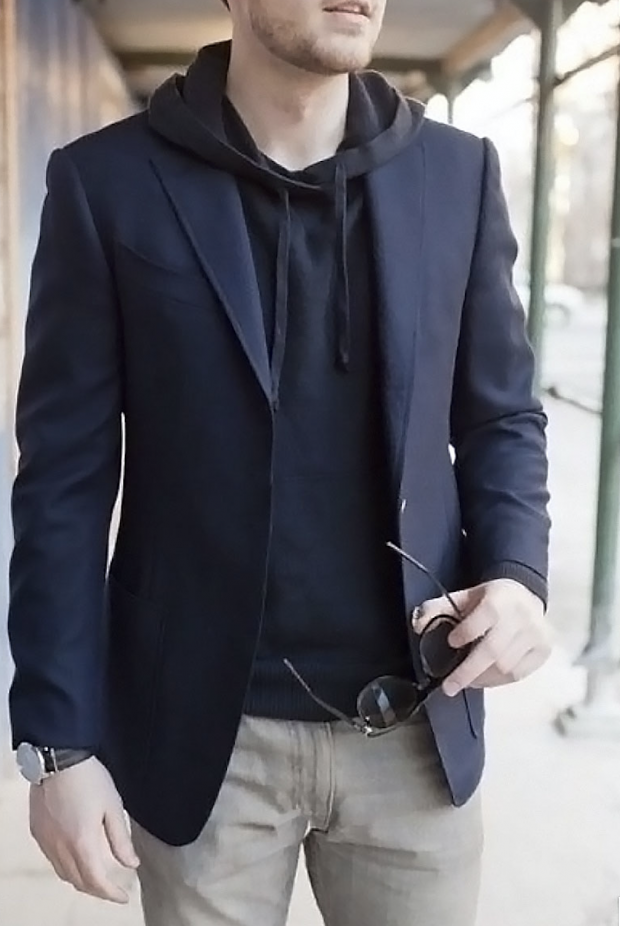 navy hoodie with blazer