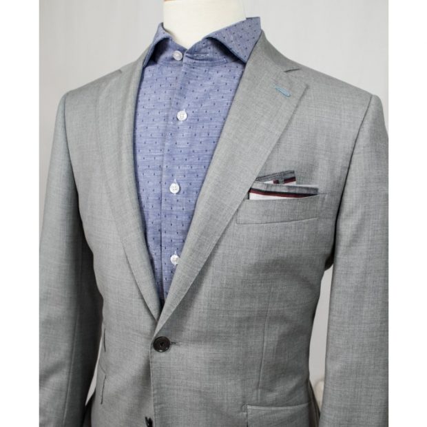 dark blue mens linen shirt with polka dots and blazer